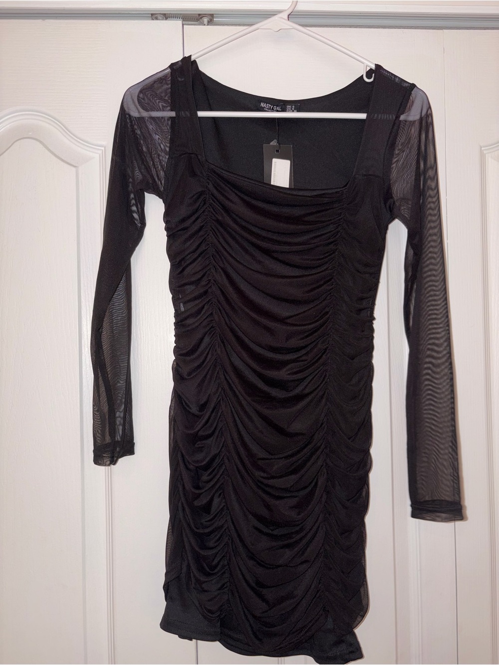 Nasty Gal Black Ruched Mesh Long Sleeve Bodycon Dress